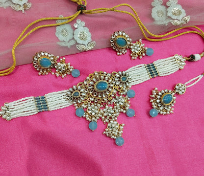 Sky Blue Kundan Choker Jewellery Heena Set