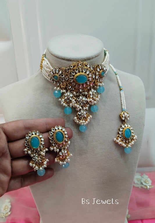 Sky Blue Kundan Choker Jewellery Heena Set