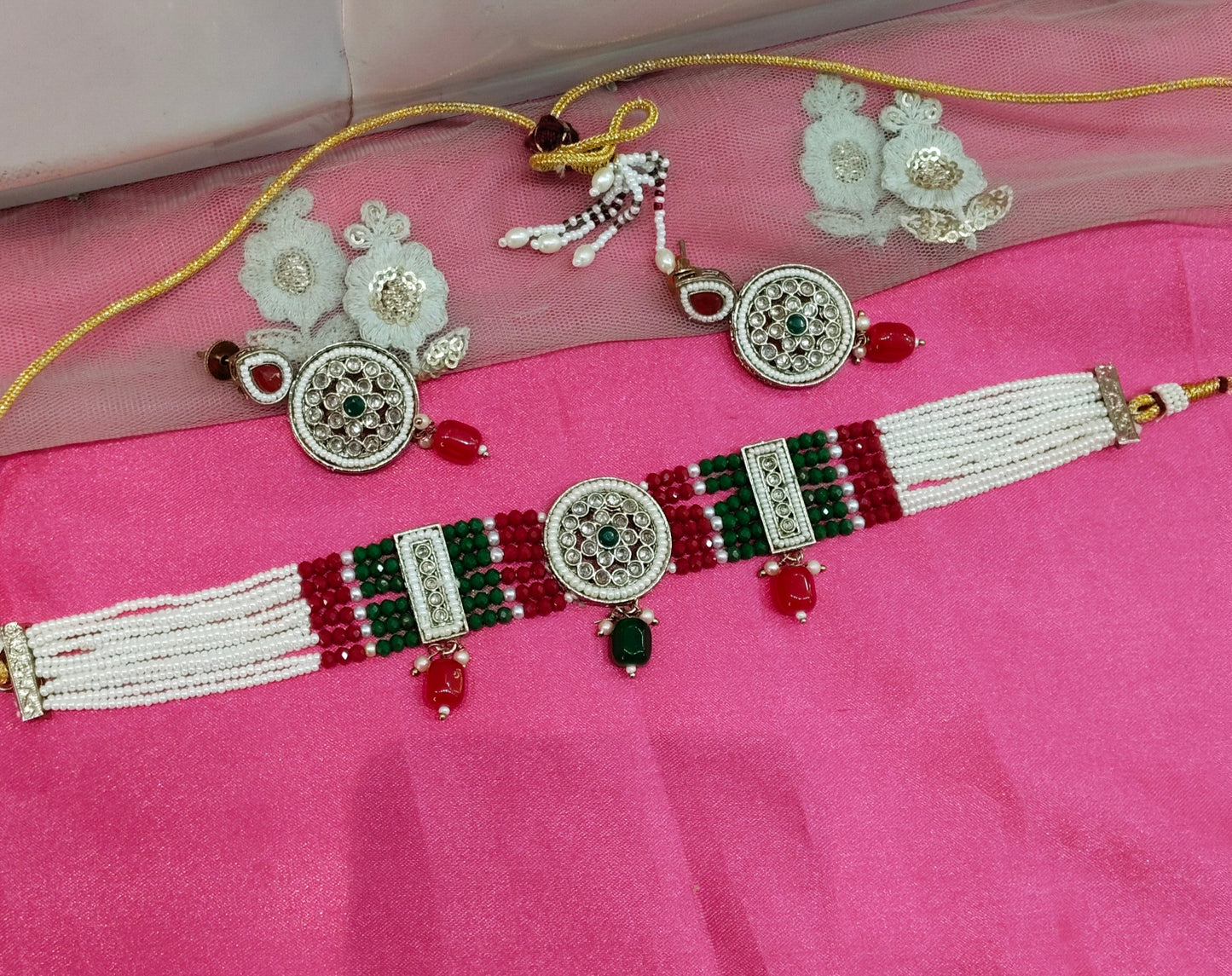 Ruby Green Champagne Stone Choker Jewellery Surrey Set