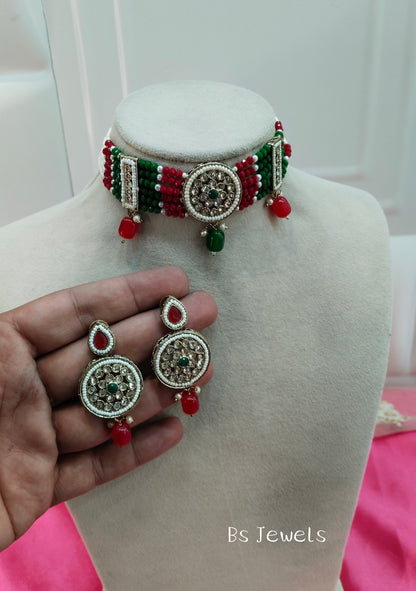 Ruby Green Champagne Stone Choker Jewellery Surrey Set