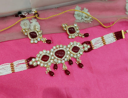 Maroon Kundan Choker Jewellery Swaziland Set