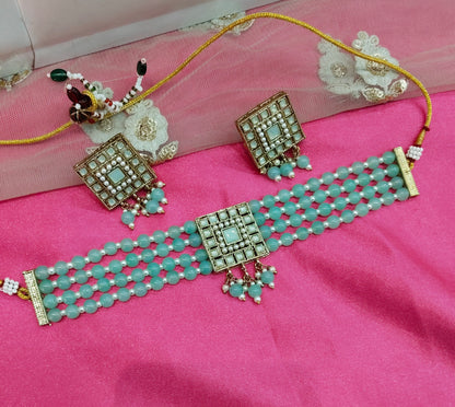 Pista Kundan Choker Jewellery Shingar Set