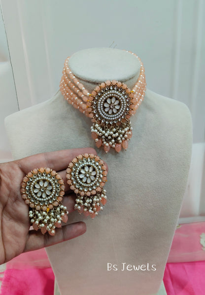 Peach Kundan Choker Jewellery Shingar Set