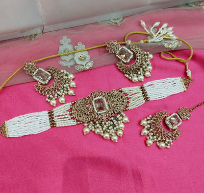 Antique White Champagne Stone Choker Jewellery Chini Set