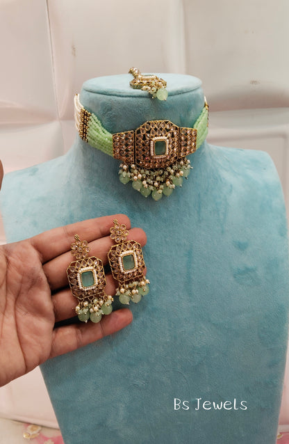 Pista Champagne Stone Choker Jewellery Chini Set