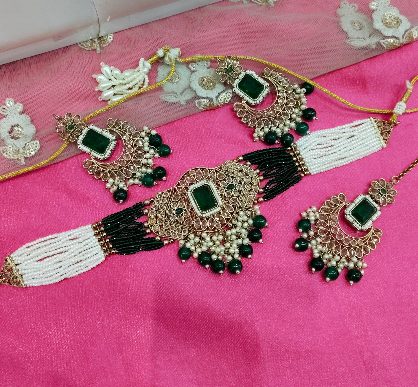 Green Champagne Stone Choker Jewellery Chini Set