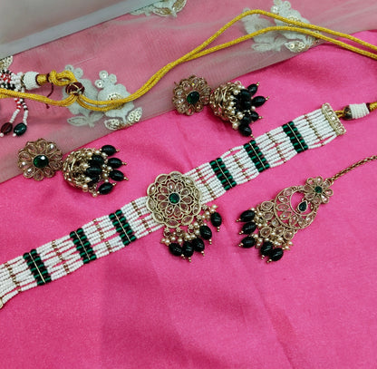 Green Champagne Stone Choker Jhumka Jewellery Simi Set