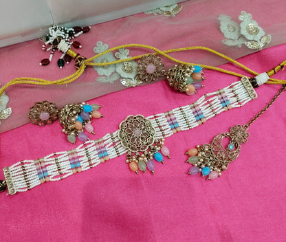 Multi Color Champagne Stone Choker Jhumka Jewellery Simi Set
