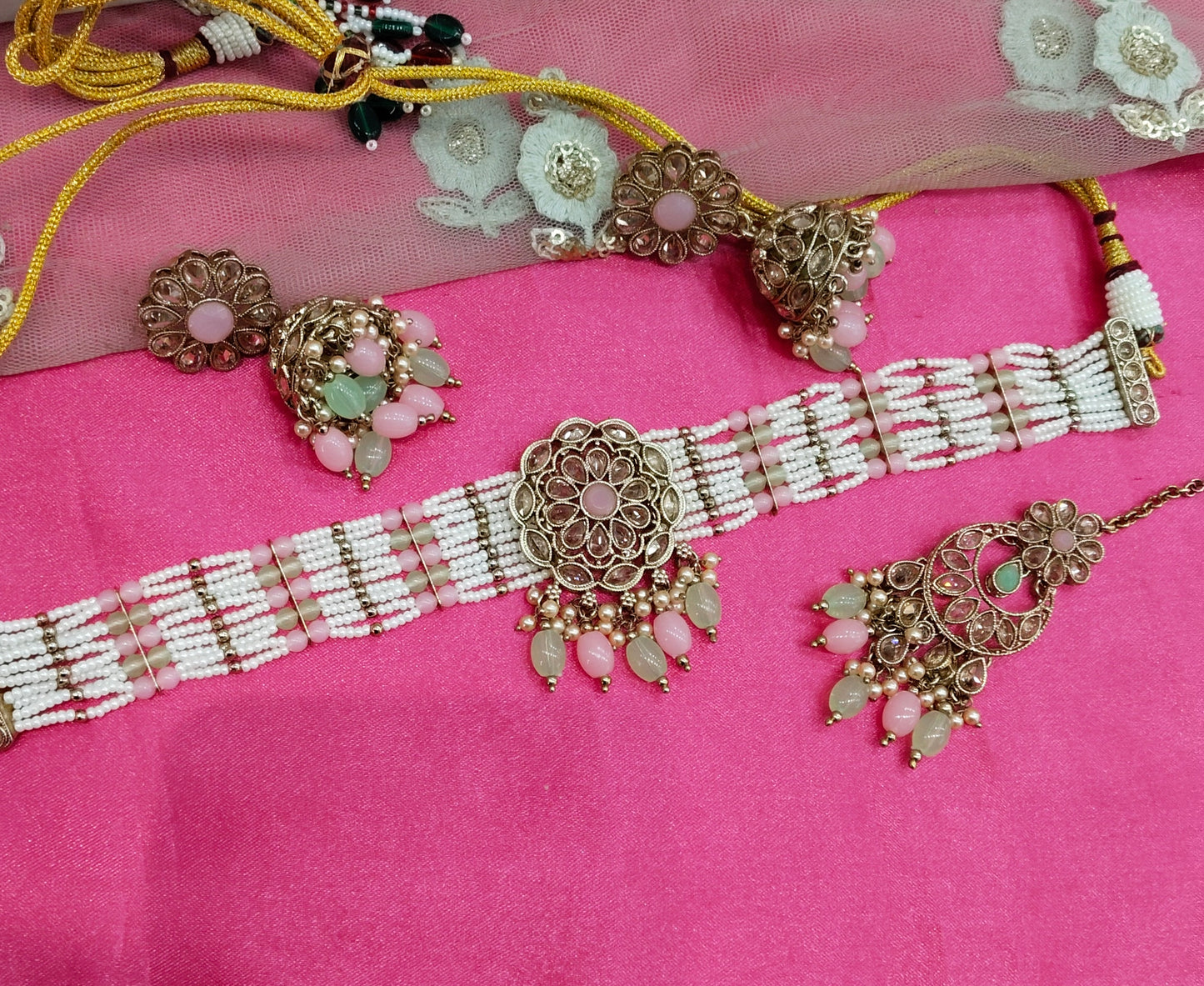 Pista Pink Champagne Stone Choker Jhumka Jewellery Simi Set