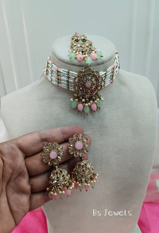 Pista Pink Champagne Stone Choker Jhumka Jewellery Simi Set