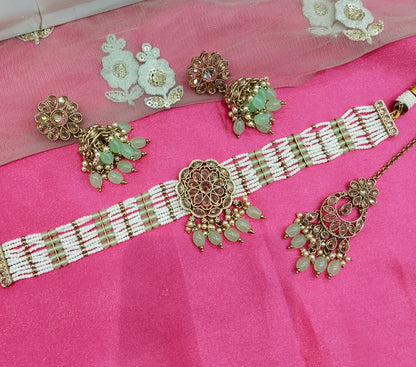 Pista Champagne Stone Choker Jhumka Jewellery Simi Set