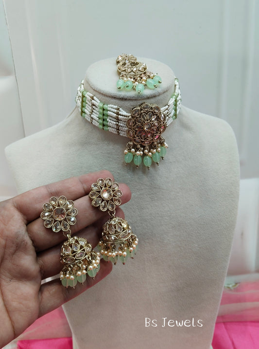 Pista Champagne Stone Choker Jhumka Jewellery Simi Set