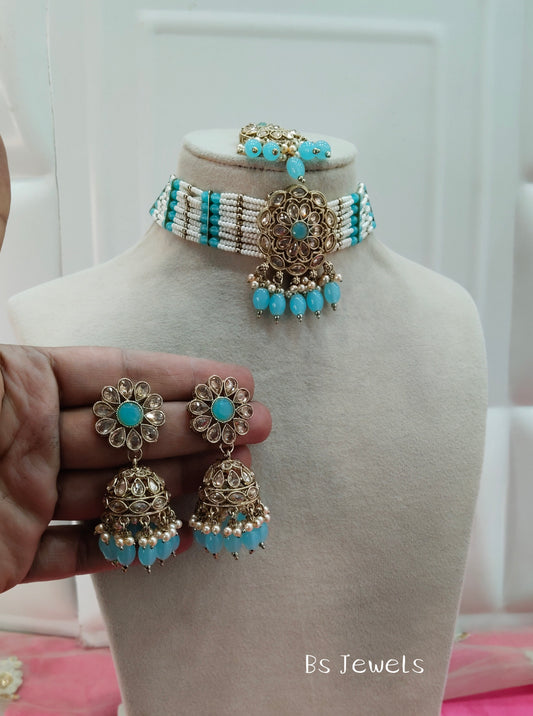 Firoja Champagne Stone Choker Jhumka Jewellery Simi Set