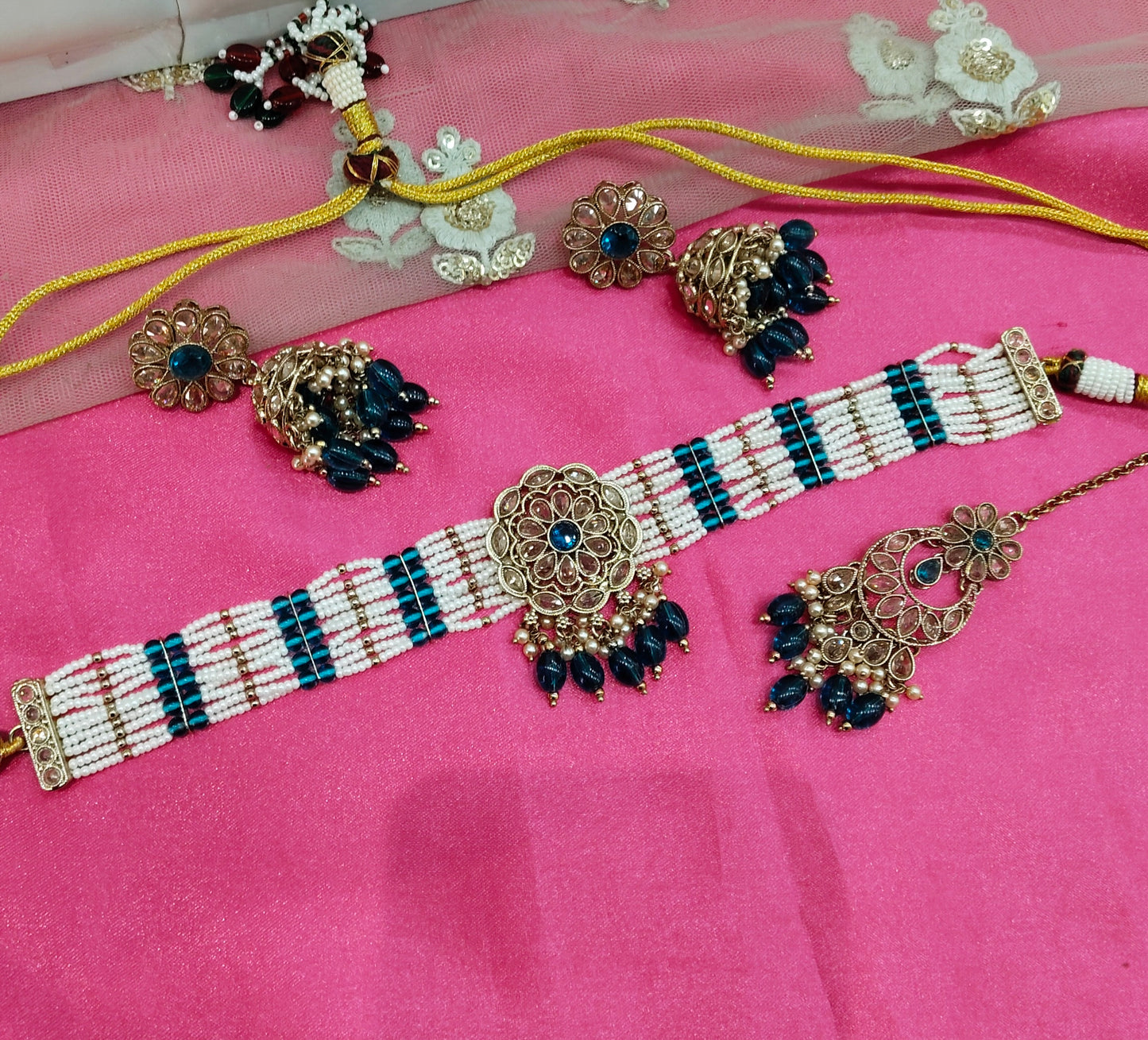 Rama Green Champagne Stone Choker Jhumka Jewellery Simi Set