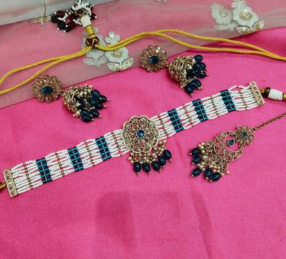 Rama Green Champagne Stone Choker Jhumka Jewellery Simi Set