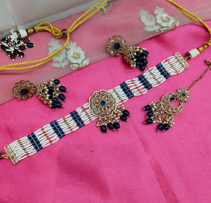 Blue Champagne Stone Choker Jhumka Jewellery Simi Set
