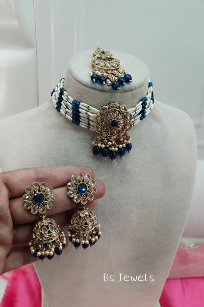 Blue Champagne Stone Choker Jhumka Jewellery Simi Set
