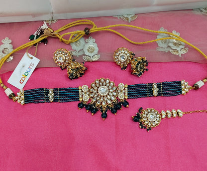 Rama Green Champgne Choker Jewellery Jhumka Setin Set