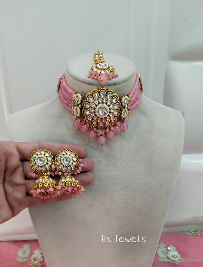 Gajjari Champgne Choker Jewellery Jhumka Setin Set