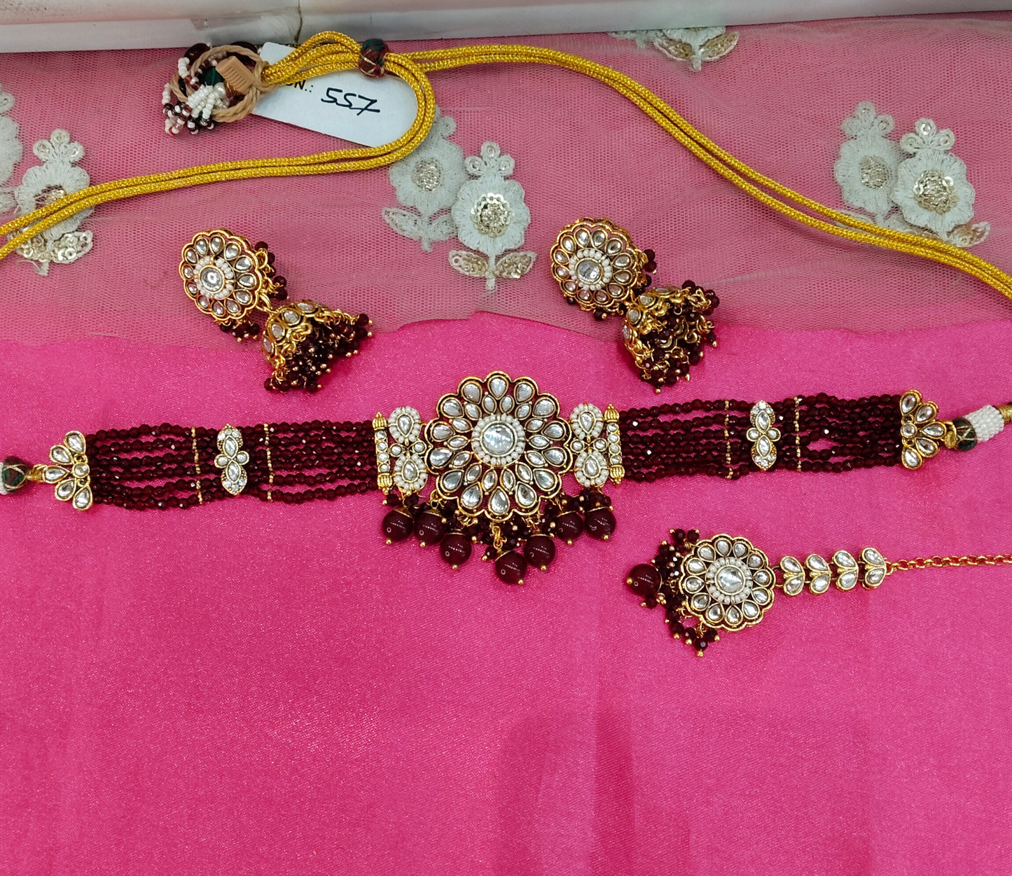 Maroon Champgne Choker Jewellery Jhumka Setin Set