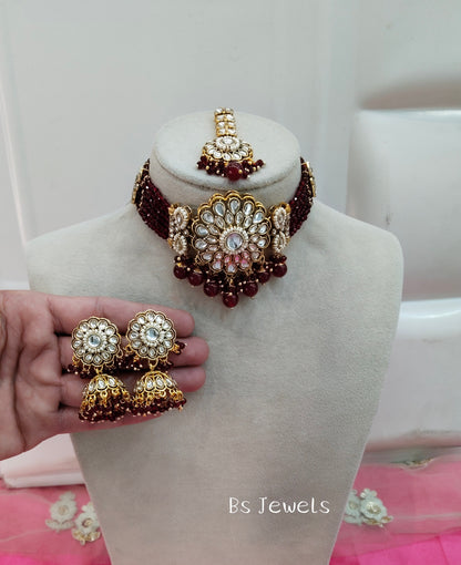 Maroon Champgne Choker Jewellery Jhumka Setin Set