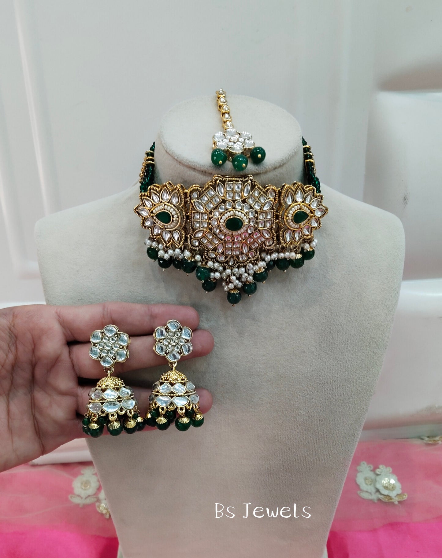 Green Kundan Choker Jhumka Jewellery  Nisi Set