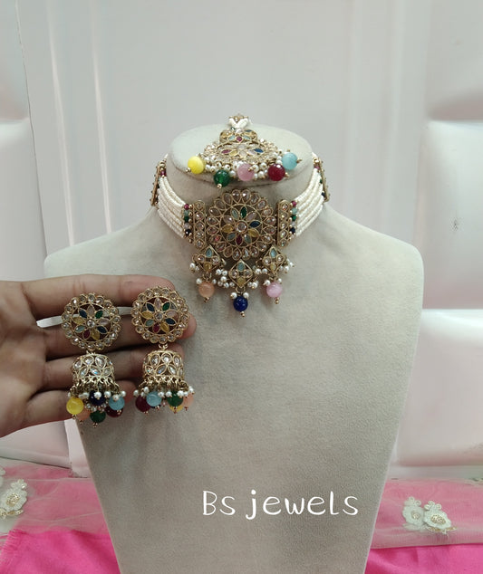 Multi Colour Champagne Stone Choker Jhumka Jewellery Alan Set