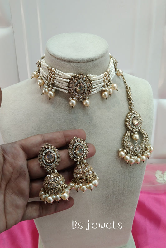Antique Gold Champagne Stone Choker Jhumka Jewellery Juliet Set
