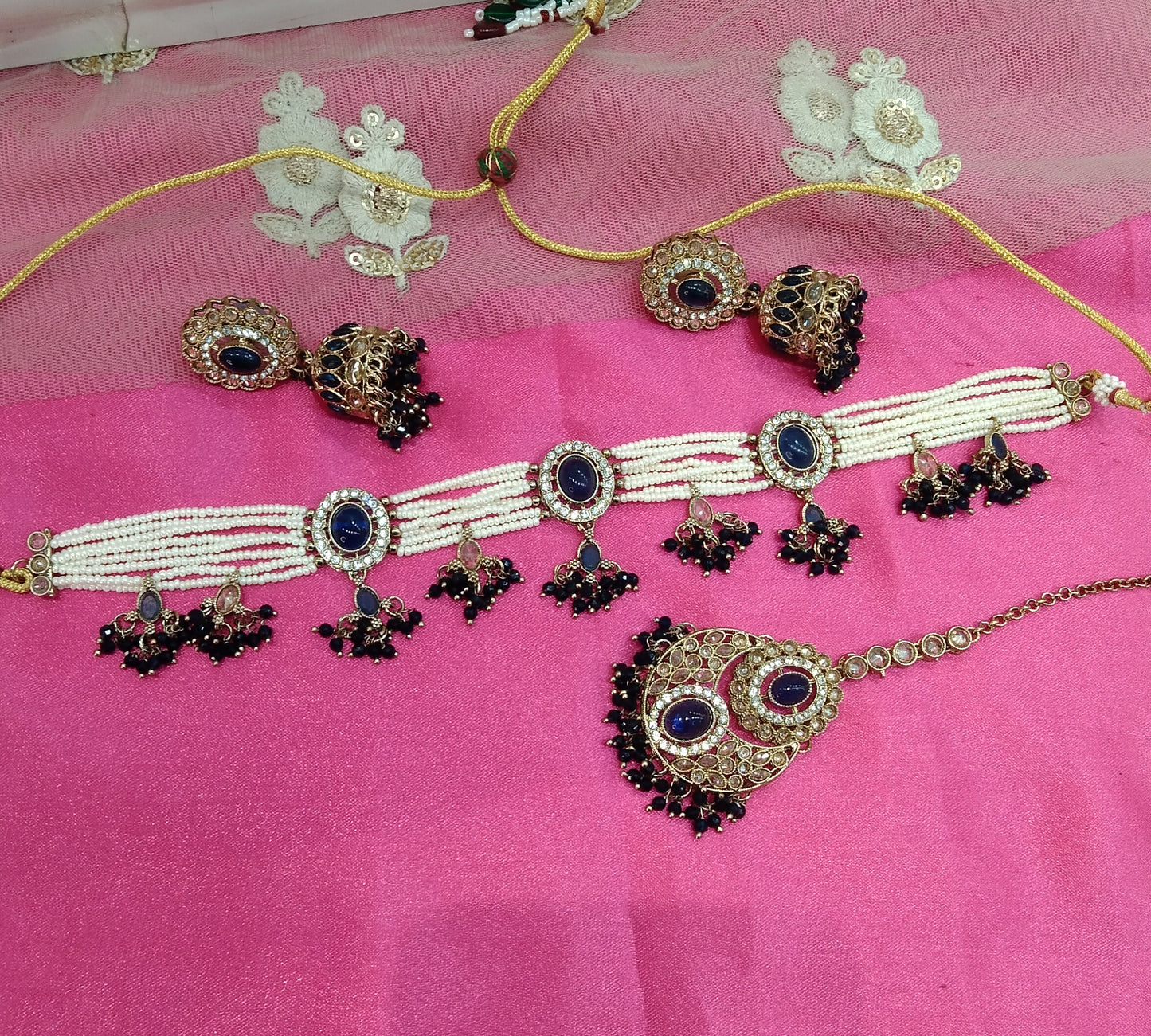Blue Champagne Stone Choker Jhumka Jewellery Juliet Set