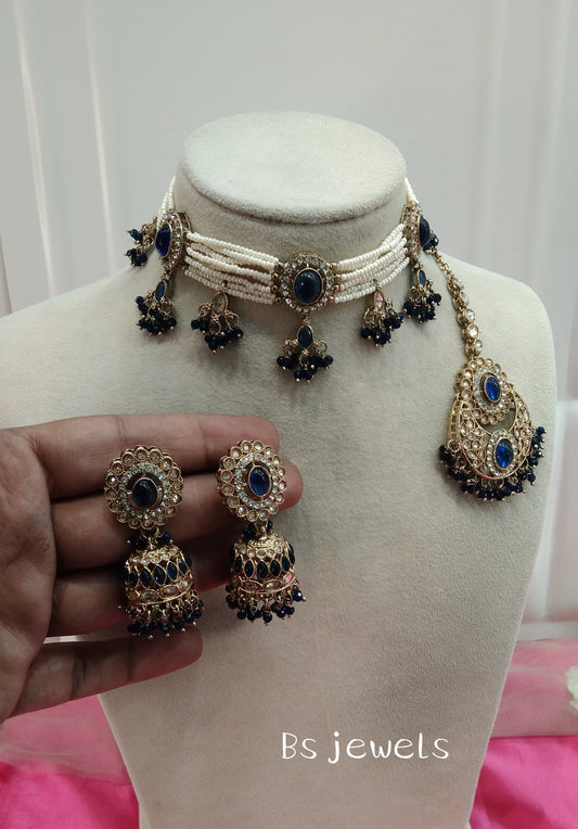 Blue Champagne Stone Choker Jhumka Jewellery Juliet Set