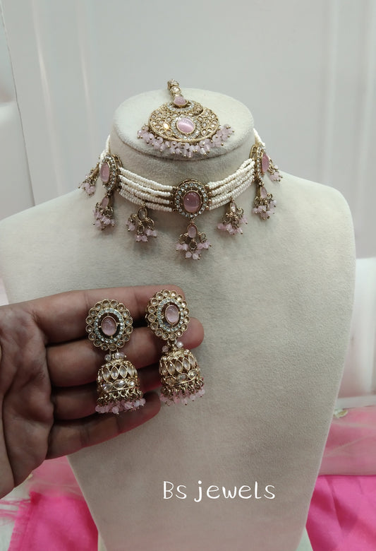 Pink Champagne Stone Choker Jhumka Jewellery Juliet Set