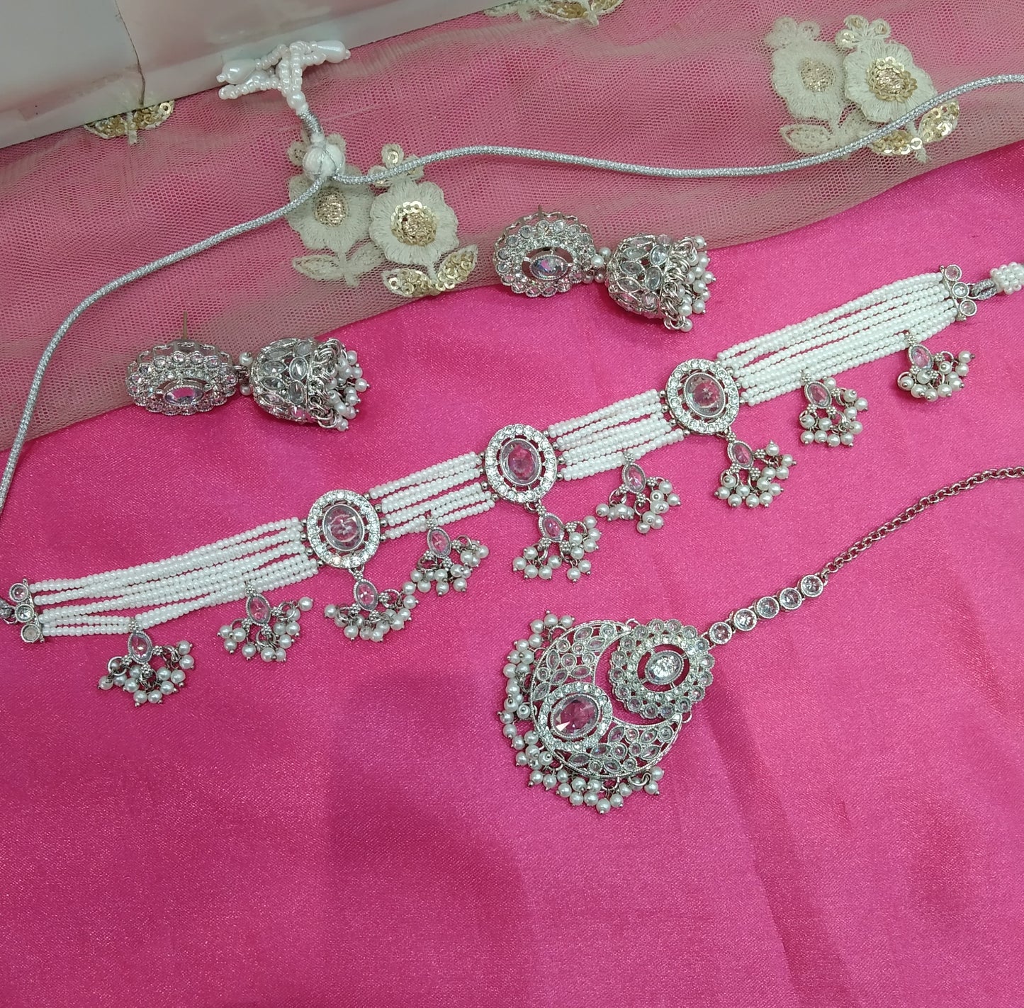 Siver White Champagne Stone Choker Jhumka Jewellery Juliet Set