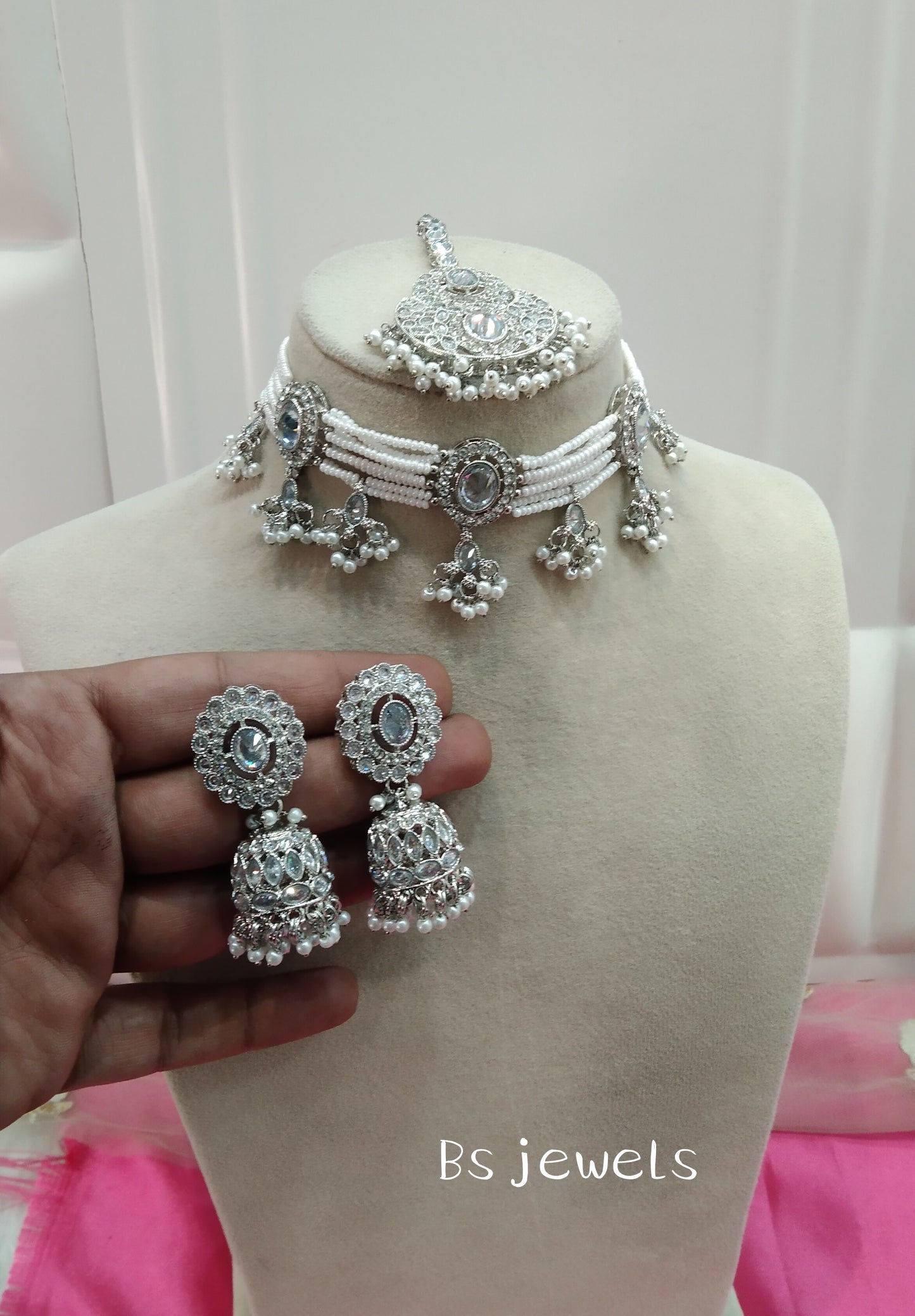 Siver White Champagne Stone Choker Jhumka Jewellery Juliet Set