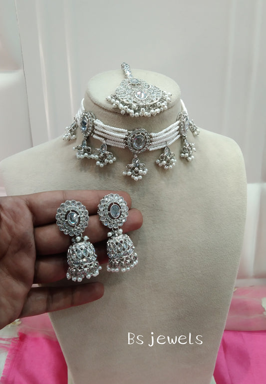 Siver White Champagne Stone Choker Jhumka Jewellery Juliet Set