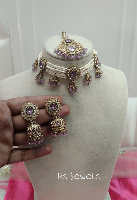 Lavender Champagne Stone Choker Jhumka Jewellery Juliet Set
