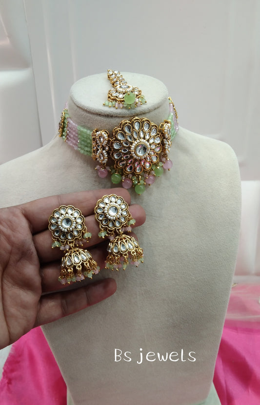 Pista Pink Kundan Choker Jhumka Jewellery Setin Set