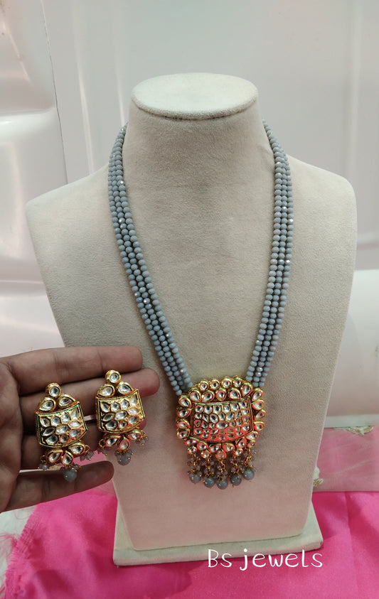 Grey Kundan Long Ranihaar Necklace Jewellery Singh Set