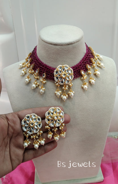 Ruby Kundan Necklace Jewellery Kaur Set