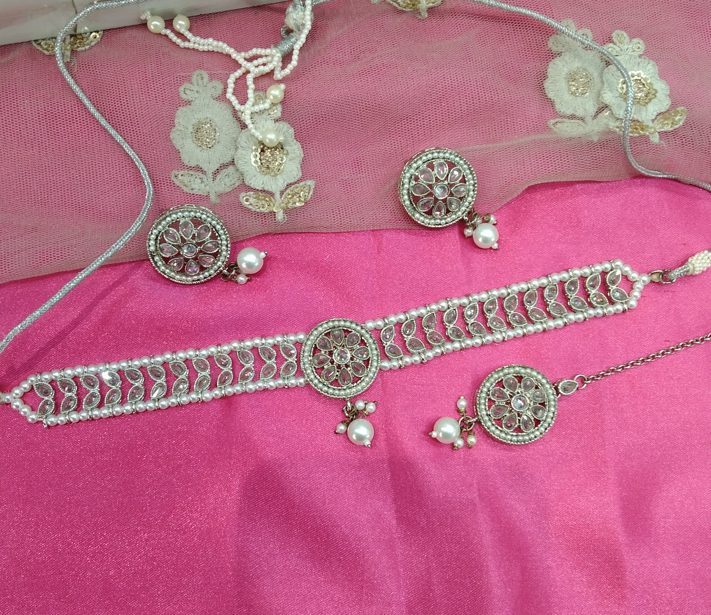 Silver White Champagne Stone Choker Jewellery Sanjay Set