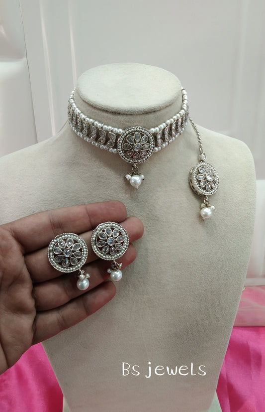 Silver White Champagne Stone Choker Jewellery Sanjay Set