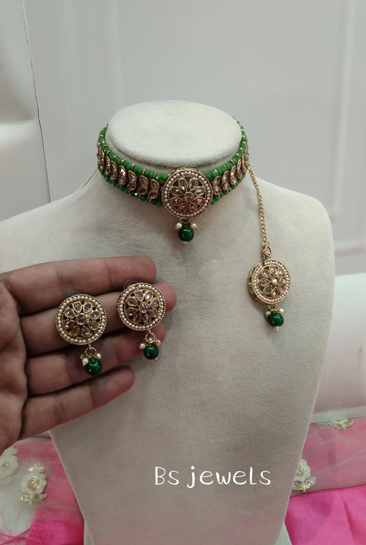 Green Champagne Stone Choker Jewellery Sanjay Set