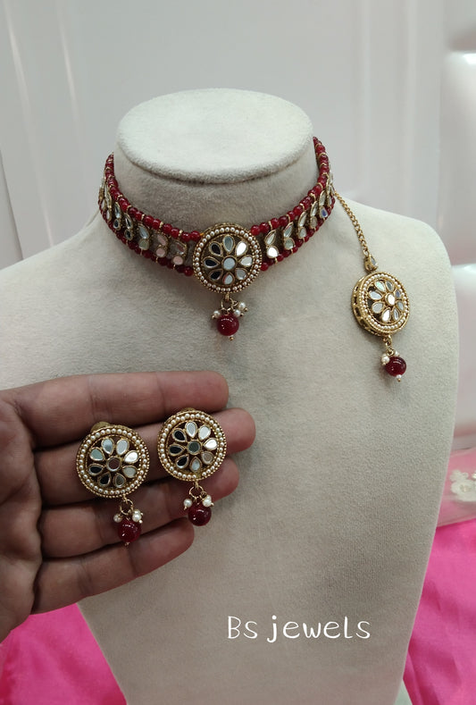Maroon Champagne Stone Choker Jewellery Sanjay Set