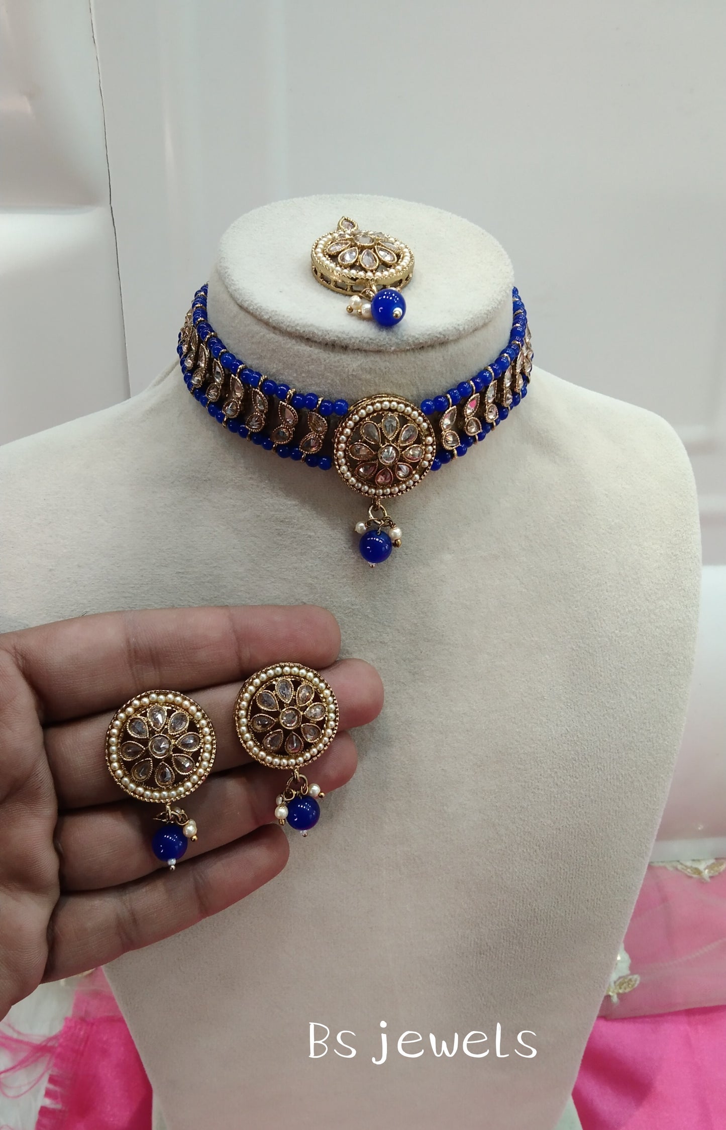 Blue Champagne Stone Choker Jewellery Sanjay Set