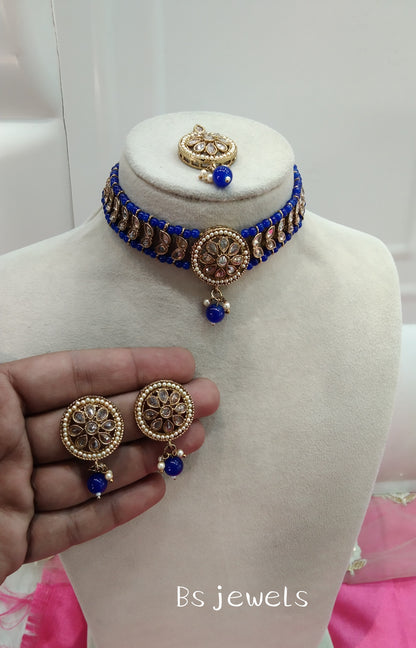 Blue Champagne Stone Choker Jewellery Sanjay Set