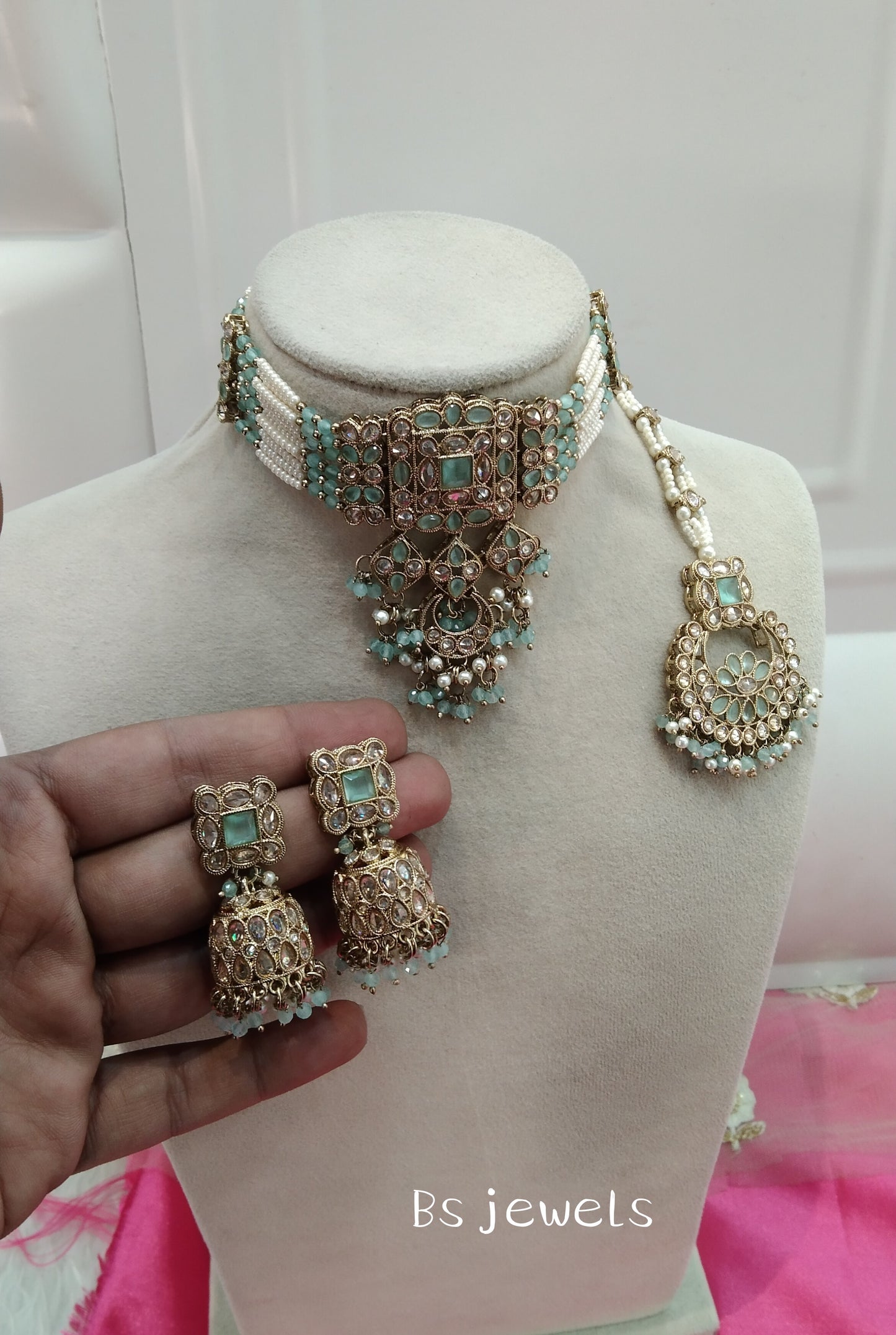 Sea Green Champagne Stone Choker Jewellery Jhumka Nisha Set