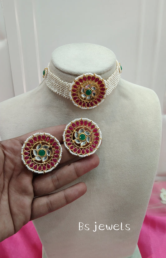Ruby green Kundan Choker Jewellery Kaur Set