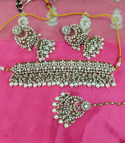 Antique White Crystal Stone Choker Jhumka Jewellery Siraj Set