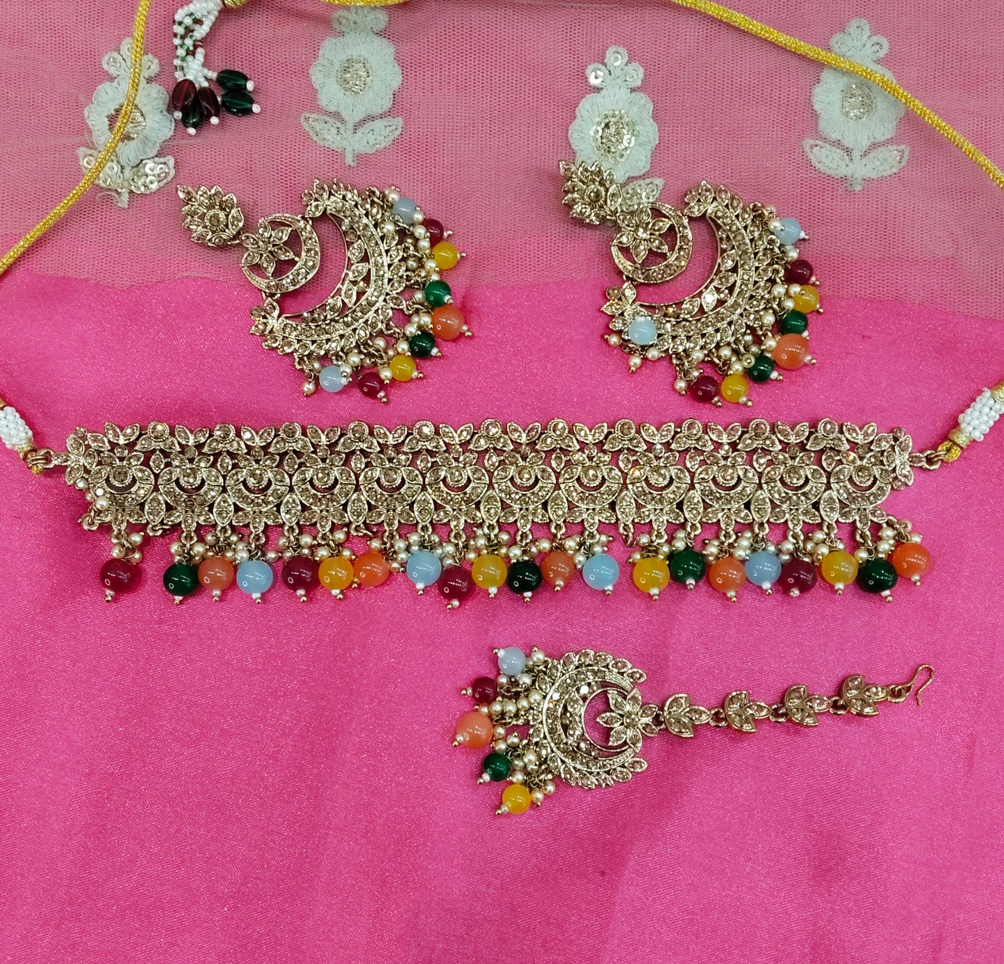 Multi Color Crystal Stone Choker Jewellery Siraj Set
