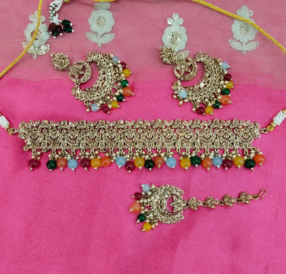 Multi Color Crystal Stone Choker Jewellery Siraj Set