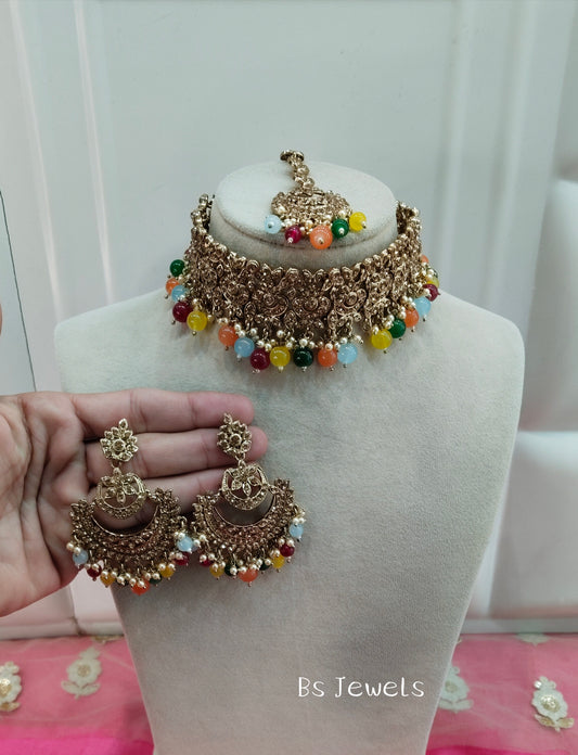 Multi Color Crystal Stone Choker Jewellery Siraj Set